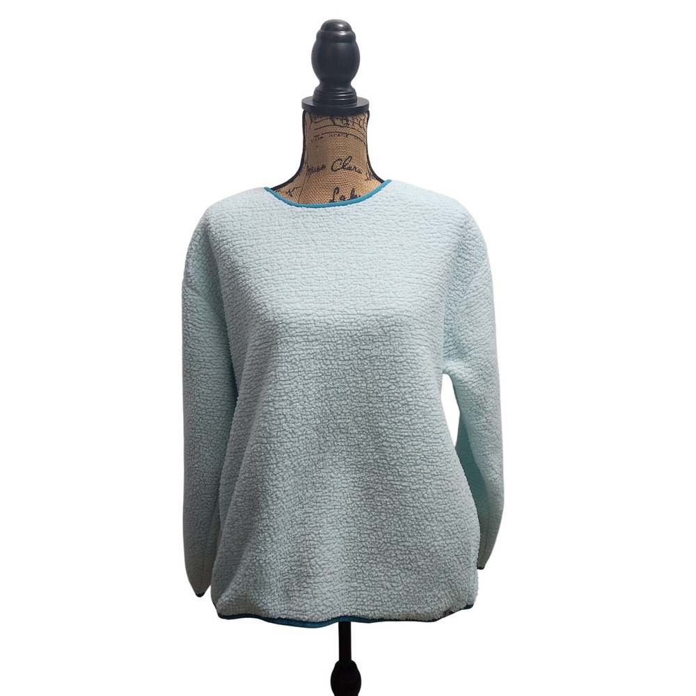 Lands' End Sherpa Pullover Top Teal Trim Soft Warm Comfy Size M (10-12)